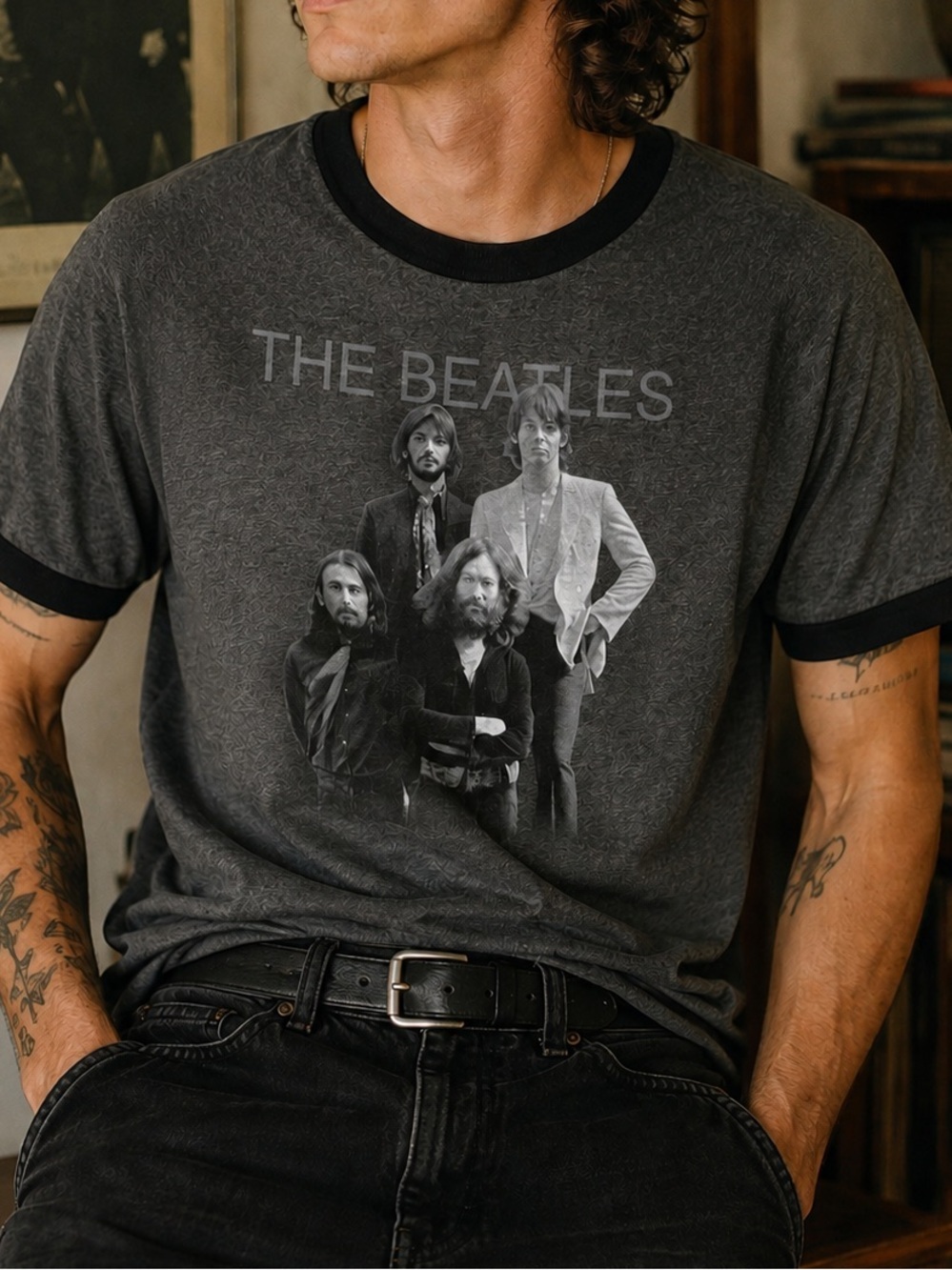 The Beatles Y2K Graphic Ringer T Shirt Gray Black Band Tee Size L